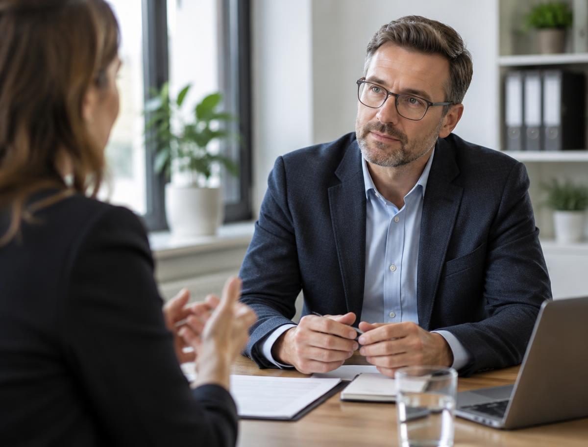 Ruhiges Arbeitsgespräch am Tisch mit Unterlagen und Laptop, im Fokus ein Personalverantwortlicher