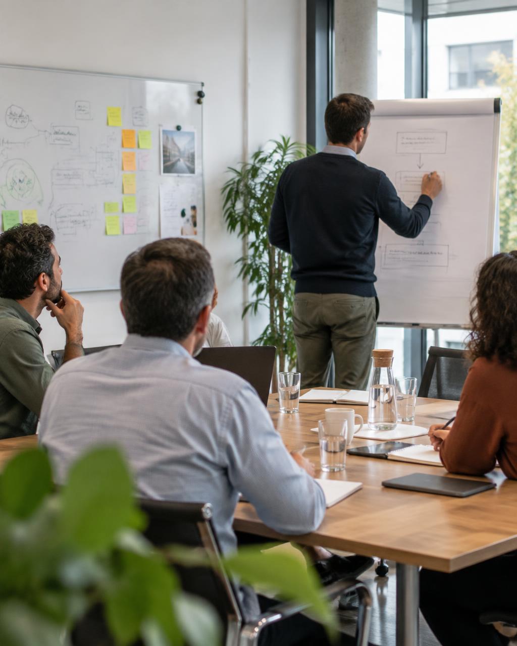 Strategie-Workshop in einem hellen Besprechungsraum mit Flipchart