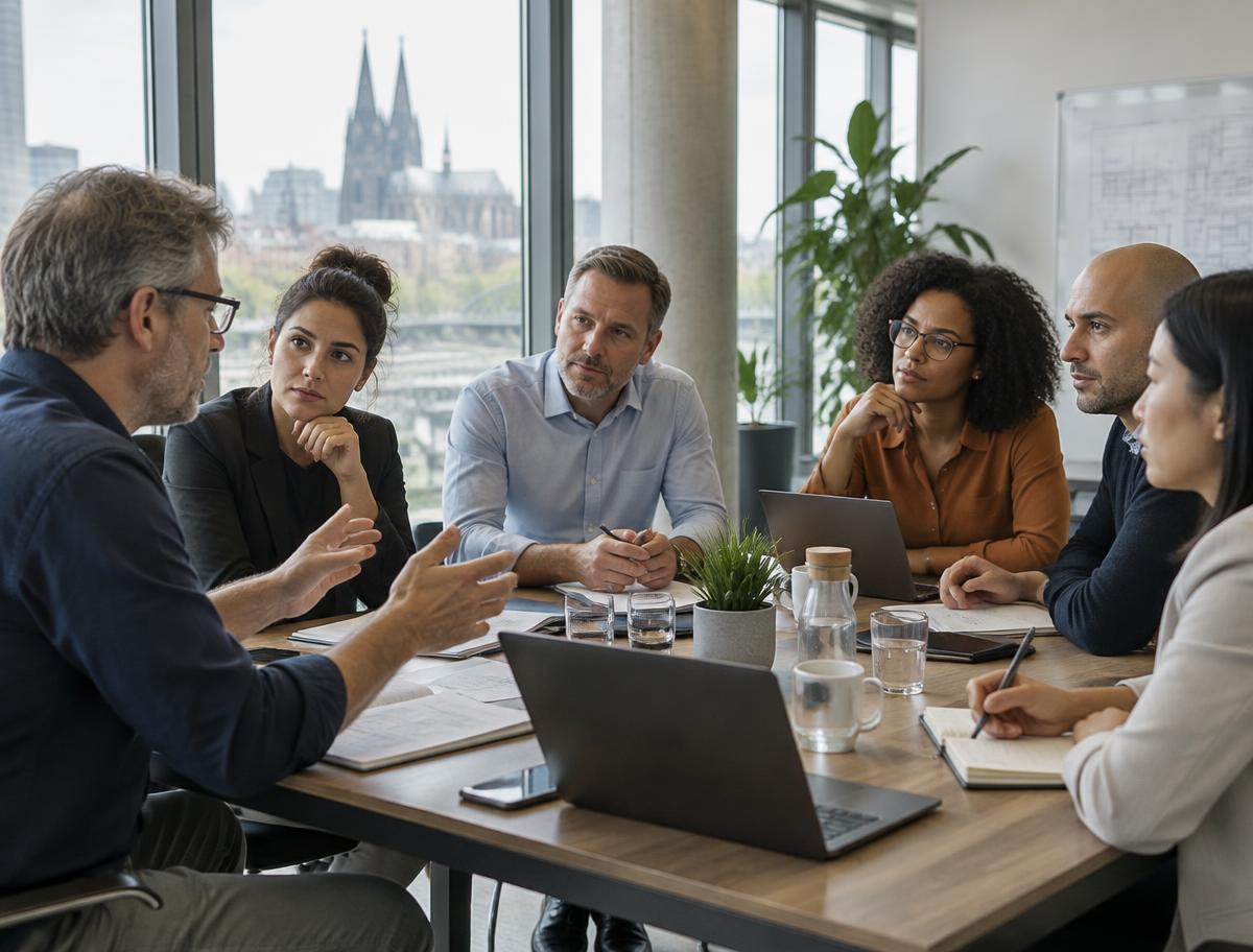 Interdisziplinäres Team diskutiert lebhaft an einem Besprechungstisch