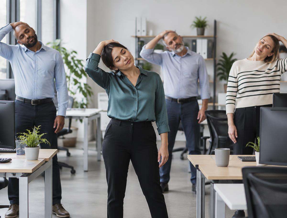 Kolleginnen und Kollegen machen im Büro gemeinsam Dehnübungen für den Nacken